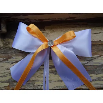 Svatební dekorace Atlasová mašle na auto bílá s oranžovou 176