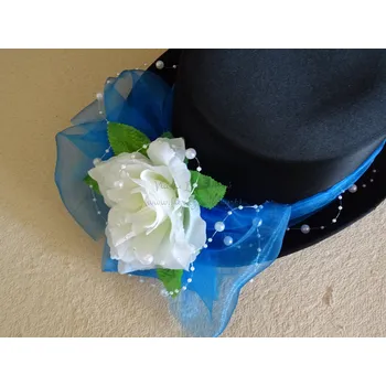 Svatební dekorace Cylindr černý - organza modrá královská a bílá růže