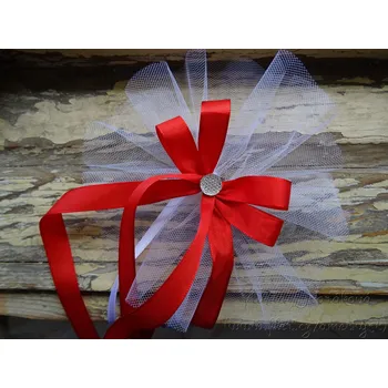 Svatební dekorace Mašle na kliky nebo zrcátka - bílý tyl / červená