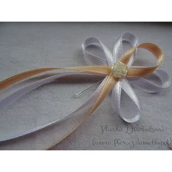 Svatební dekorace Vývazek s růžičkou velký - bílá / meruňka 175