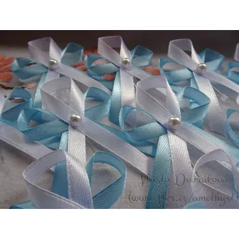 Svatební dekorace Vývazek s perličkou - modrá azuro 187 / bílá