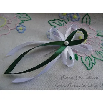 Svatební dekorace Vývazek velký s perličkou - bílá / tm. zelená 3120