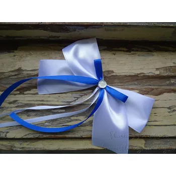 Svatební dekorace Atlasová mašle na auto bílá - modrá královská 40