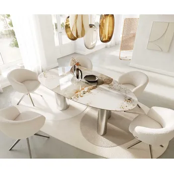 Jídelní stůl DELIFE Jídelní stůl Edge oválný 220x120 keramika Minas Melange bílá béžová Pilier nerezová ocel