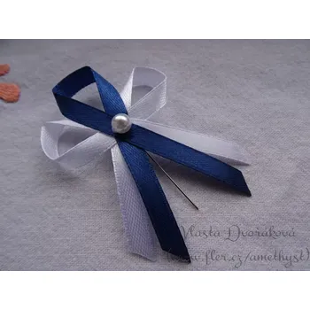 Svatební dekorace Vývazek s perličkou - bílá / tmavě modrá 3160