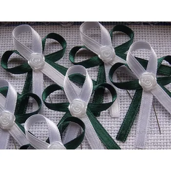 Svatební dekorace Vývazek atlasový tm. zelená / bílá