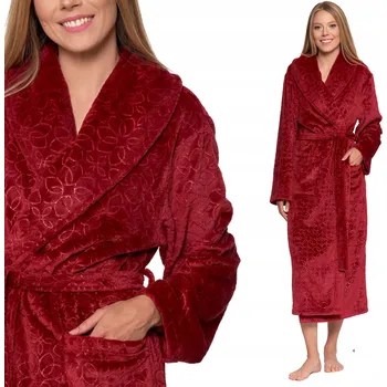 Dámský župan Dámský župan teplý dlouhý MORAJ na zavazování s kapsami pohodlný ČERVENÝ S