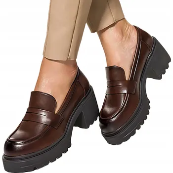 Dámské mokasíny Hnědé polobotky MOKASÍNY na blokovém podpatku s platformou a vzorkem, vel. 38