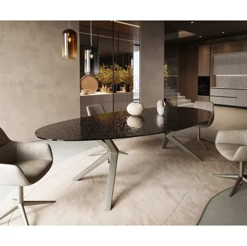 Jídelní stůl DELIFE Jídelní stůl Edge oválný 280x130 sklo reliéf kouřově černá 3D design Zenthara hranatý kov titanová barva