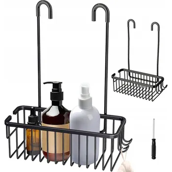 Drátěná police ZÁVĚSNÝ KOŠÍK DO SPRCHY BEZ VRTÁNÍ SE DVĚMA HÁČKY ČERNÝ