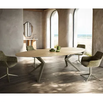 Jídelní stůl DELIFE Jídelní stůl Edge oválný 280x130 keramika Laminam® Sabbia dubová Zenthara hranatý kov titanová barva