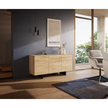 Komoda DELIFE Komoda Cuor 150 cm keramika Laminam® Sabbia dubová 3 dvířka podnož závěsná kov černá