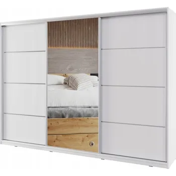 Šatní skříň S kříň s posuvnými dveřmi a zrcadlem Nejby Barnaba 280 x 205 x 56 cm bílá