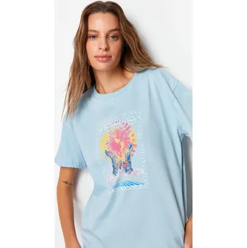 Dámská móda Dámské tričko Trendyol Butterfly Trendyol světle modrá 1811633