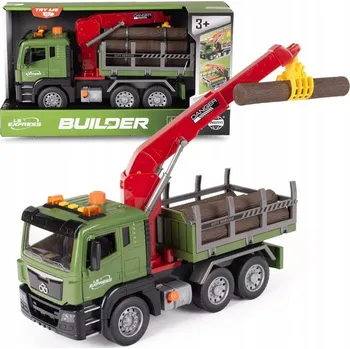 autíčko NÁKLADNÍ AUTO S JEŘÁBEM NA DŘEVO SE SVĚTLEM A ZVUKEM