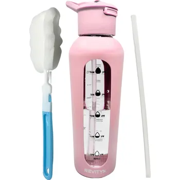 REVITY Skleněná motivační láhev na vodu 700 ml se silikonovým obalem a pítkem 0,75 LITRU RŮŽOVÁ