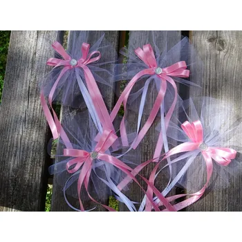 Svatební dekorace Mašle na kliky nebo zrcátka - tylová s růžovou 324