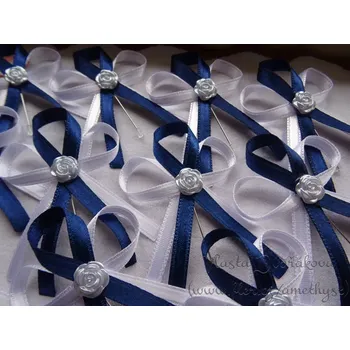 Svatební dekorace Vývazek s růžičkou - bílá / modrá tmavá 549