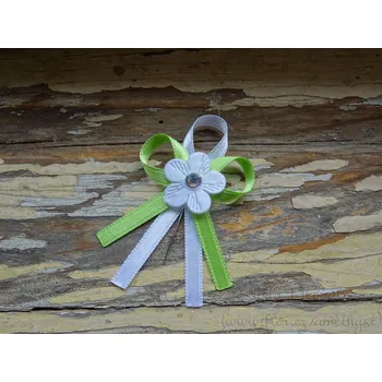 Svatební dekorace Atlasový vývazek - sv. zelená 630 / bílá s kytičkou