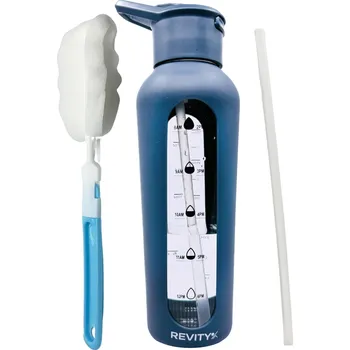 REVITY Skleněná motivační láhev na vodu 700 ml se silikonovým obalem a pítkem 0,75 LITRU MODRÁ