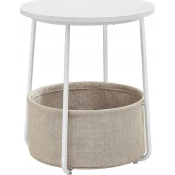 Konferenční stolek Stolek kulatý bílý s košem, malý konferenční stolek 45 cm s béžovým košem