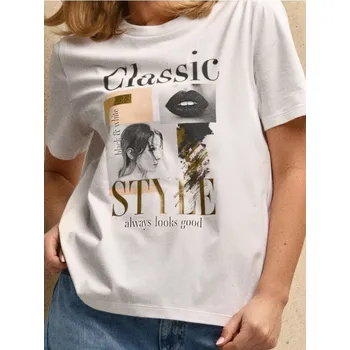 Oblečení a móda Sinsay - Tričko s metalickým potiskem - krémová - 454FG-01X - 454FG-01X-L