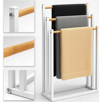 Věšák STOJANOVÝ VĚŠÁK NA RUČNÍKY DO KOUPELNY 3 ÚROVNĚ BAMBUS OCEL 45x22x85 CM