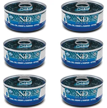 Krmivo pro kočku FARMINA N&D Ocean Kitten Tuňák, Treska, Krevety a Dýně – mokré krmivo pro koťata – 6x70g