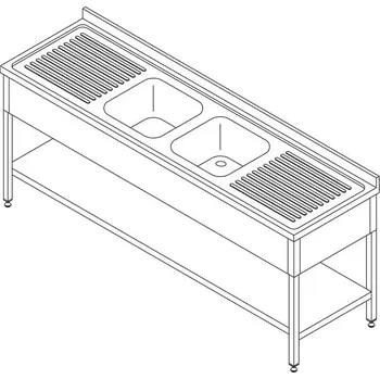 Jídelní stůl Maxima Stůl na mytí nádobí - 2 dřezy - se zadní stěnou a policí - 210 x 70 cm | 09394091