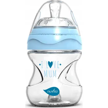 Kojenecká láhev Nuvita, Skleněná kojenecká láhev antikoliková modrá, 140 ml