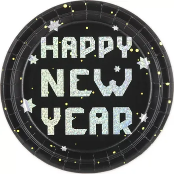 Party nádobí Papírové party talířky Happy New Year černo-stříbrné 6 ks