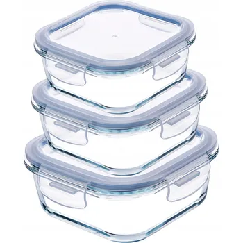 Dóza na potraviny SADA SKLENĚNÝCH DÓZ NA POTRAVINY S VÍKEM KRABIČKA ČTVERCOVÁ BOX 3 ks
