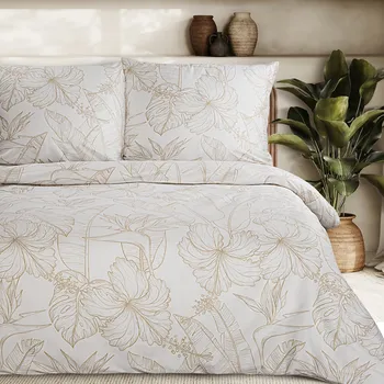 Povlečení Povlečení 160x200 cm bavlněné saténové rostlinný vzor šedobéžové