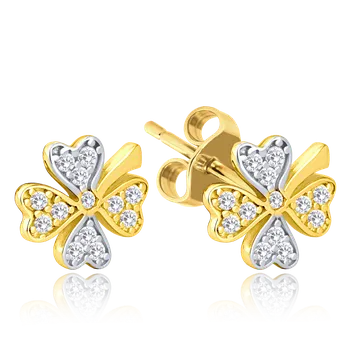 Náušnice MINET Zlaté náušnice čtyřlístky s bílými zirkony Au 585/1000