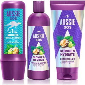 Kosmetická sada Aussie SOS Aussie SOS Blonde & Hydrate fialový tónovací šampon pro blond vlasy 300 ml + Aussie SOS Blonde & Hydrate hydratační kondicionér pro blond vlasy 200 ml + Aussie 1 Minute Miracle Color Rescue ošetřující maska pro barvené vlasy 250 ml kosmetická s