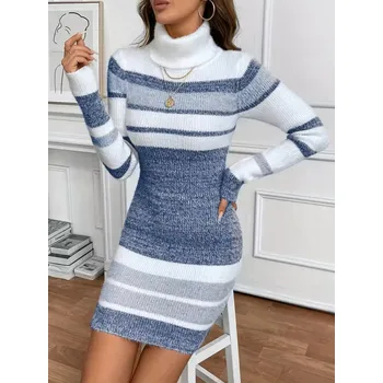 Dámské šaty Pletené pruhované šaty s rolákem Barva: Modrá, Velikostní tabulka: L