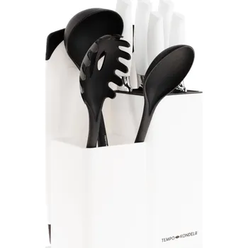 Kuchyňský nůž TEMPO-KONDELA KAHON, sada nožů a kuchyňského nářadí, set 10 ks, ve stojanu, bílá