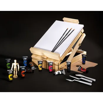Speciální výtvarná barva Campus Set Easel Discovery – akrylové barvy 12×21 ml | akrylové barvy set, stolní stojan, dřevěný kufřík, 12 barev, 21 ml, plátno 27×35 cm, 3 štětce, paleta, špachtle, manekýn