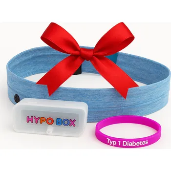 Dárková krabička Zuckerschmuck Dárkový set pro diabetika – sportovní pás Modrý (L) + HYPO BOX + náramek růžový