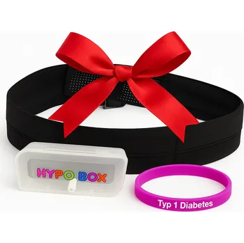 Dárková krabička Zuckerschmuck Dárkový set pro diabetika – sportovní pás černý (L) + HYPO BOX + náramek růžový