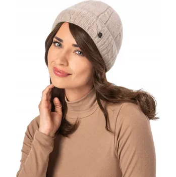 Čepice Béžová krátká dámská čepice vlněná LOMAN ANGORA NAIROBI s polárním fleecem POLSKÝ VÝROBEK