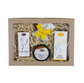 Kosmetická sada Pleva Když potřebujete vypnout - Elixír mládí s mateří kašičkou 30 g, Včelí pyl perga v 72% hořké čokoládě 75 g, Medový krém na ruce 50 g, Bylinný pytlíček s levandulí 1 ks, dárková sada