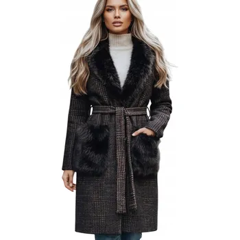 Dámský kabát Dámský hnědý kabát s kožešinou TY5229z - S/M