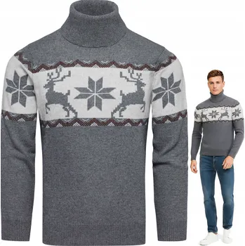 Pánský svetr Pánský vlněný svetr s rolákem, vánoční norský vzor, šedý, velikost L