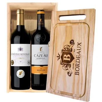 Dřevěná kazeta - 2ks Bordeaux 0,75L Mondeau a Cazeau s prkénkem