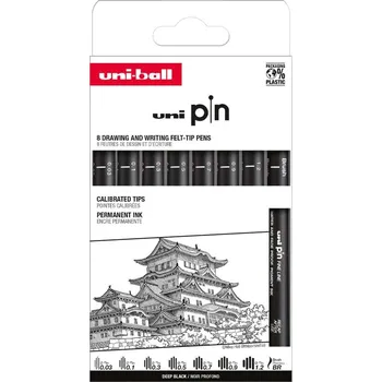 UNI PIN Classic – sada linerů, černá, 8 ks (0,03–1,2 mm, BR) uni pin, liner, fineliner, technické kreslení, skicování, ilustrace, černá