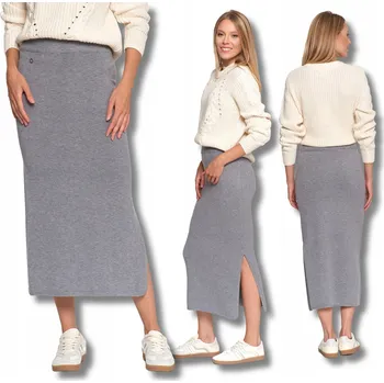 Dámská sukně SUKNĚ DÁMSKÁ ŠEDÁ SVETROVÁ MIDI S ROZPARKEM POUZDROVÁ MORAJ L/XL