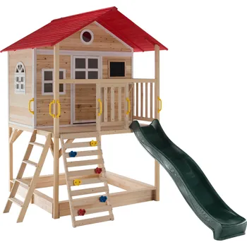 Zahradní domek Dřevěný zahradní domek s klouzačkou, pískovištěm a lezeckou stěnou, OMAH