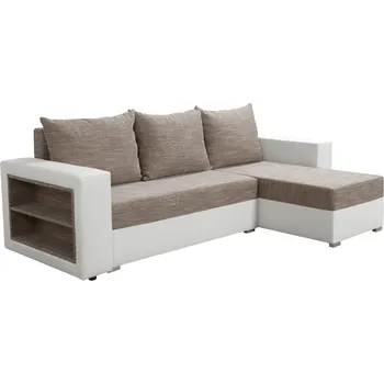 Sedací souprava Rozkládací sedací souprava s poličkou, bílá/hnědý melír, pravá, MERAK ROH