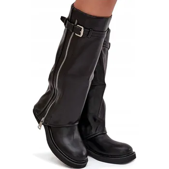 Dámské kozačky DÁMSKÉ KOZAČKY VYHRNUTÝ SVRŠEK ZIP ZATEPLENÁ SPONA ČERNÁ 40